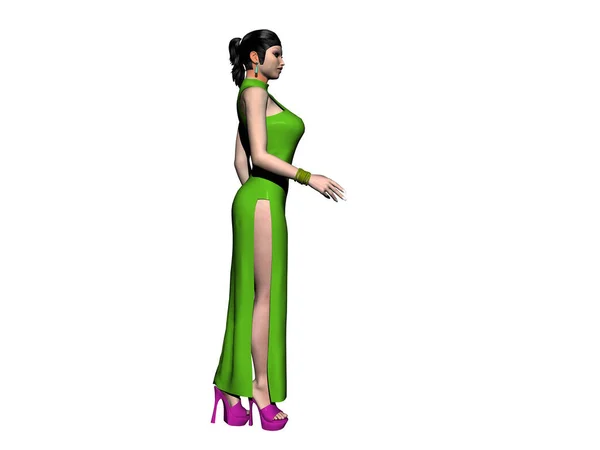Renderização Uma Mulher Vestido Verde — Fotografia de Stock