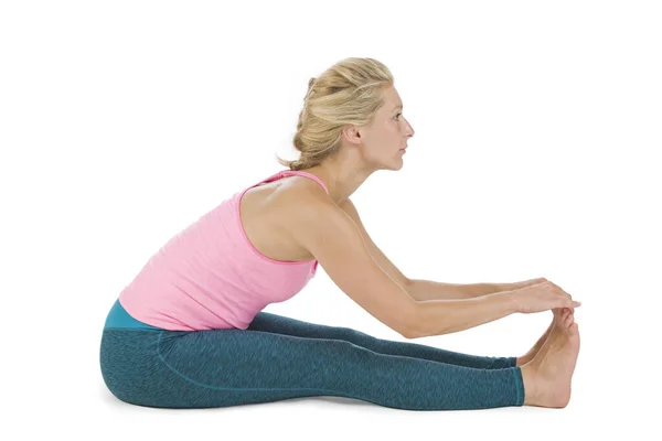 Side Full Body Profile View Middle Aged Blonde Woman Yoga — Stock Photo, Image