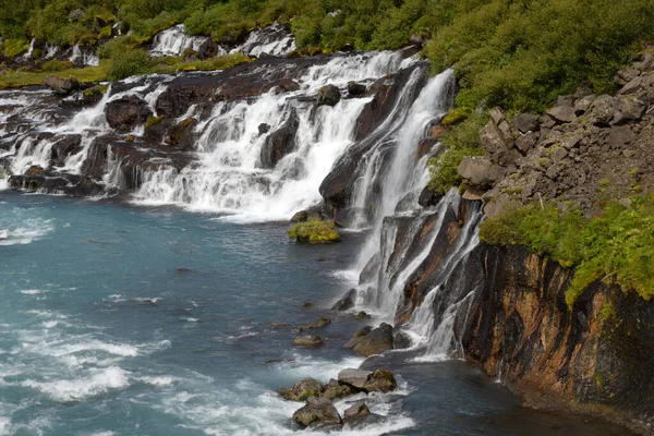 Hraunfossar Island Vattenfall Vattenfall Kaskad Kaskad Flod Safell Reykholt Hvita — Stockfoto