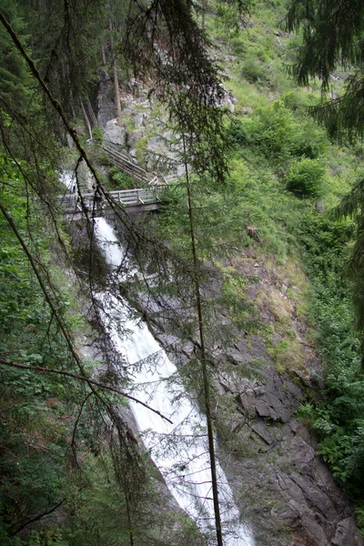 Houten Brug Waterval Een Bos Stiermarken Overdag — Stockfoto