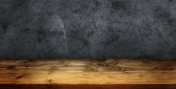 Graue Alte Betonwand Mit Rustikalem Holztisch Für Eine Präsentation — Stockfoto