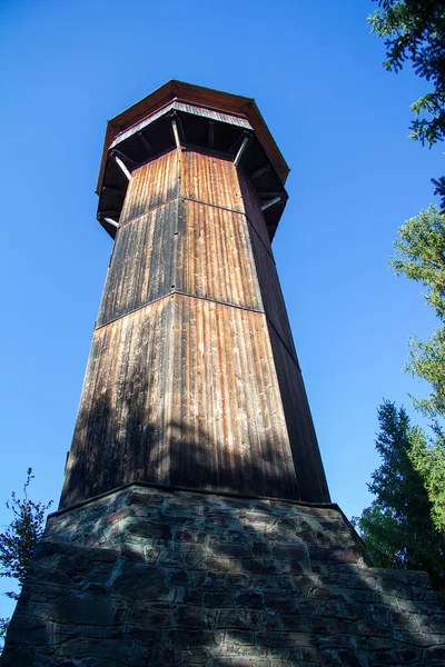 在施蒂里亚 斯泰兹附近的一片蓝天前的森林里有一个观测台 — 图库照片