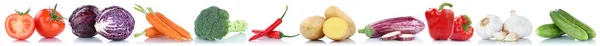 野菜ジャガイモニンジントマトキュウリ食品白を背景に一列に隔離されたフリーレンジ — ストック写真