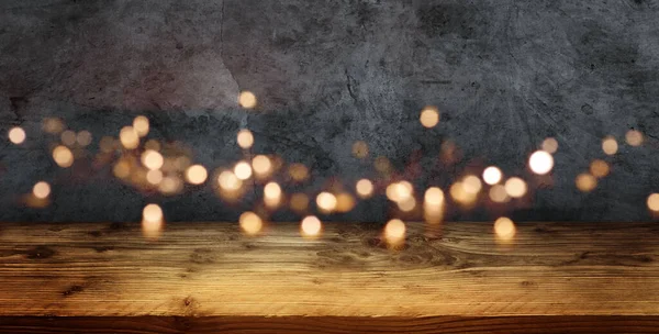 Gray Old Concrete Wall Golden Bokeh Rustic Wooden Table Presentation — Stock Photo, Image