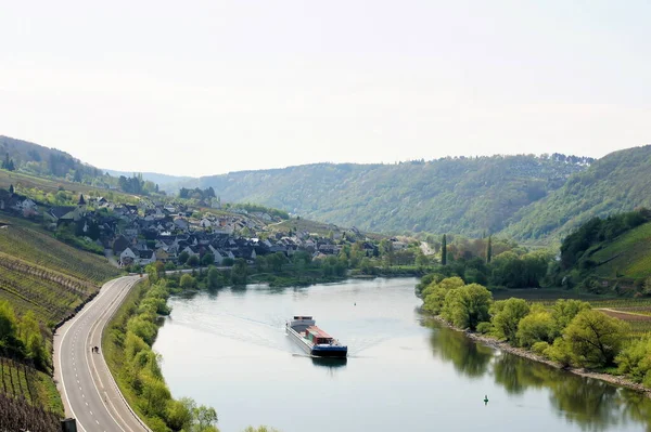 Moselské Údolí Poblíž Burg Nákladní Lodí Moselle — Stock fotografie