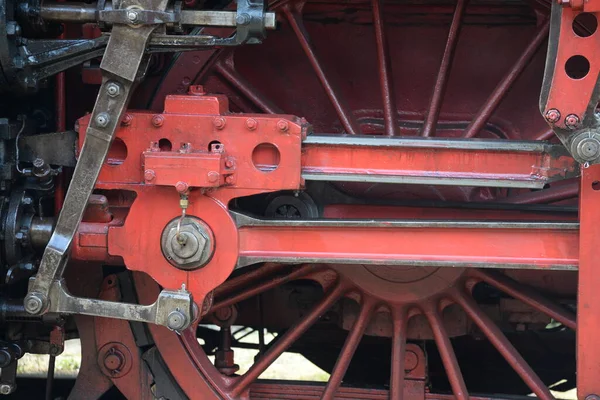 Wiel Wielen Locomotief Locomotief Stoomlocomotief Stoomlocomotief Rood Rond Staven Historisch — Stockfoto