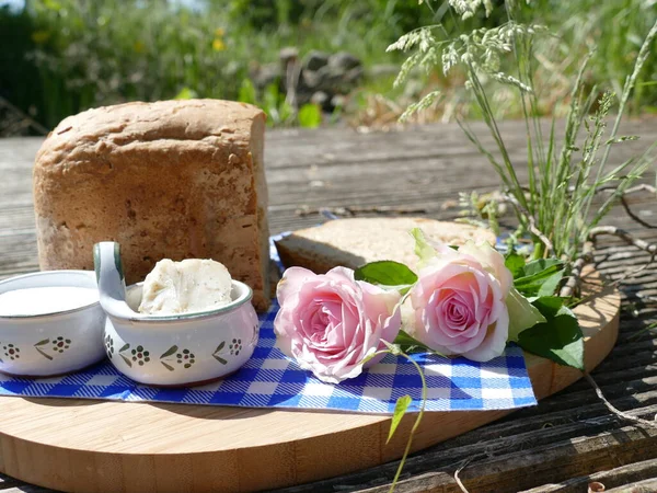 Picnic Garden Fresh Bread Lard — Stock Photo, Image