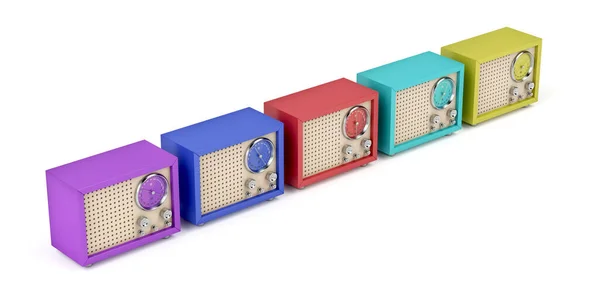 Reihe Mit Mehrfarbigen Radios Retro Design Auf Weißem Hintergrund — Stockfoto