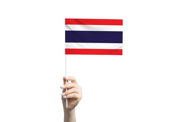 Vacker Kvinnlig Hand Håller Thailand Flagga Isolerad Vit Bakgrund — Stockfoto