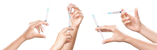 妇女手拿注射器 用白色背景分离出的疫苗 — 图库照片