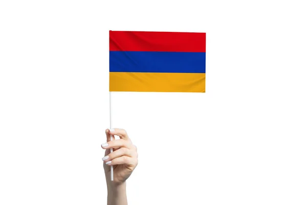Красивая Женская Рука Флагом Армении Белом Фоне — стоковое фото
