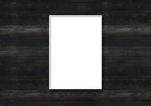 Біла Рамка Картини Висить Чорній Дерев Яній Стіні Порожній Макет — стокове фото