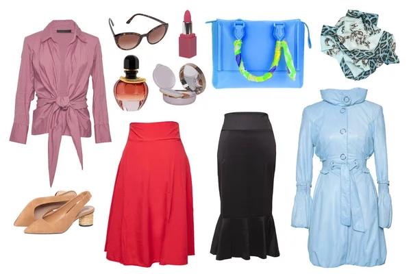Collage Woman Clothes Set Stylish Luxurious Trendy Women Coat Skirts — Stock Photo, Image