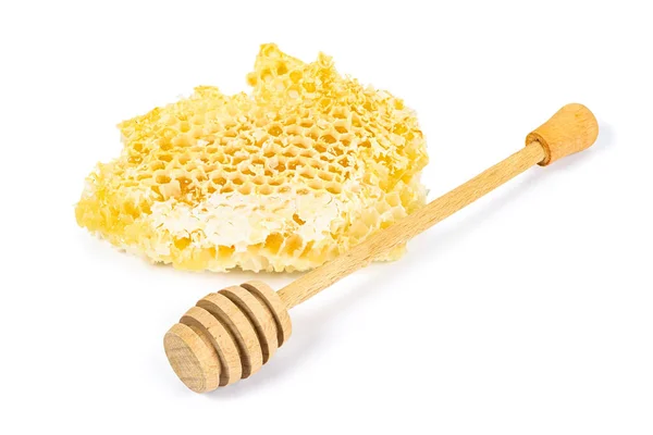 Piece Honeycomb Honey Dipper White Background Isolated White Background Clipping — Stock Photo, Image