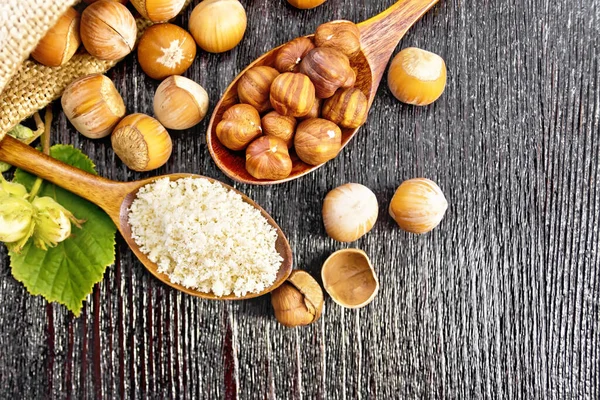 Hazelnut Flour Spoon Nuts Bag Spoon Table Filbert Branch Green — Stock Photo, Image