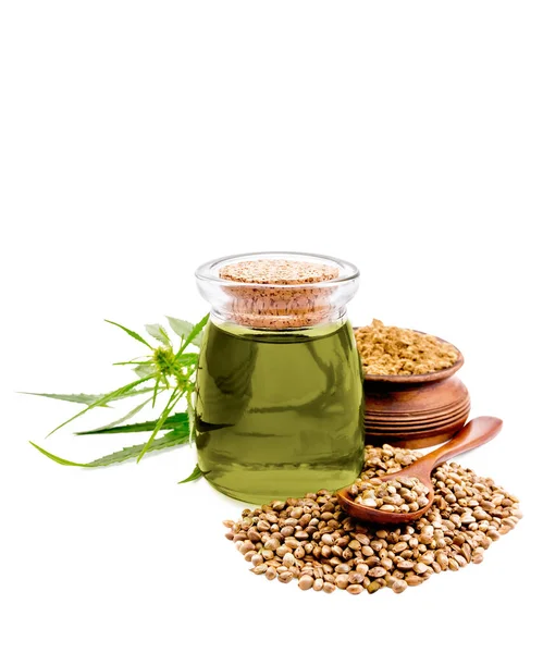 Hemp Oil Glass Jar Pile Cereals Spoon Flour Bowl Green — Stock Photo, Image
