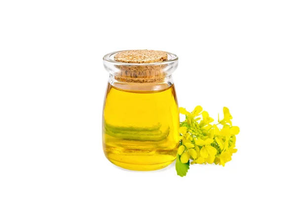 Hořčičný Olej Skleněné Nádobě Žluté Květy Hořčice Izolované Bílém Pozadí — Stock fotografie