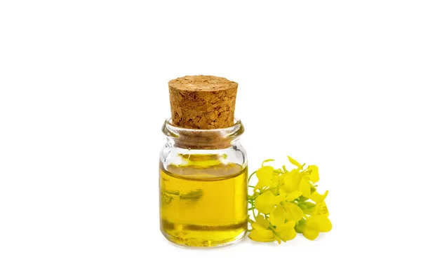 Aceite Mostaza Una Botella Vidrio Flores Mostaza Amarillas Aisladas Sobre — Foto de Stock