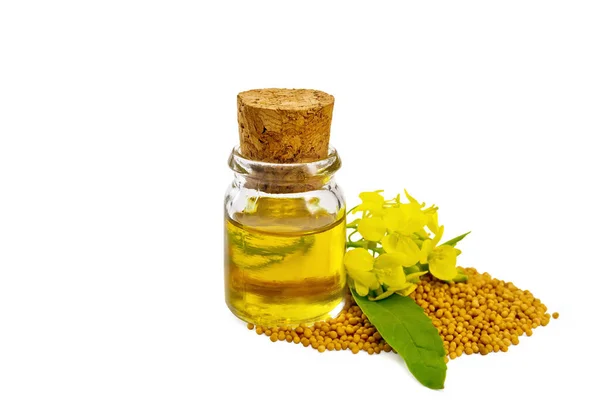 Mustard Oil Glass Bottle Mustard Seeds Yellow Flowers Isolated White — Stock Photo, Image