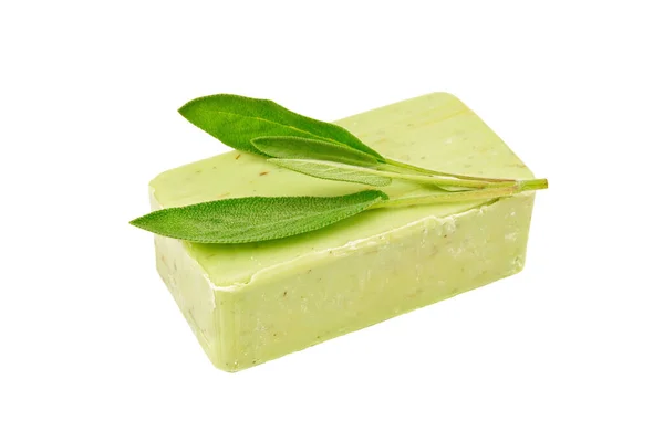 绿色肥皂 新鲜鼠尾草 白色背景分离 — 图库照片