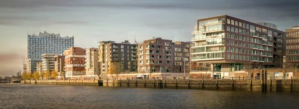 Panorama Hafencity Hamburgo Atardecer Con Filarmónica Del Elba — Foto de Stock