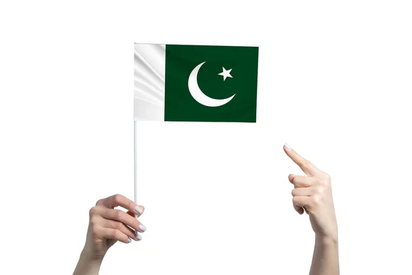 Beautiful Female Hand Holds Pakistan Flag Which She Shows Finger — Stock Photo, Image