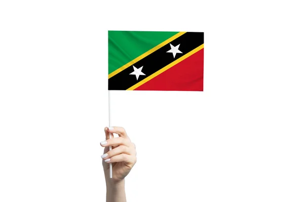 Beyaz Arka Planda Izole Edilmiş Kitts Nevis Bayrağını Tutan Güzel — Stok fotoğraf