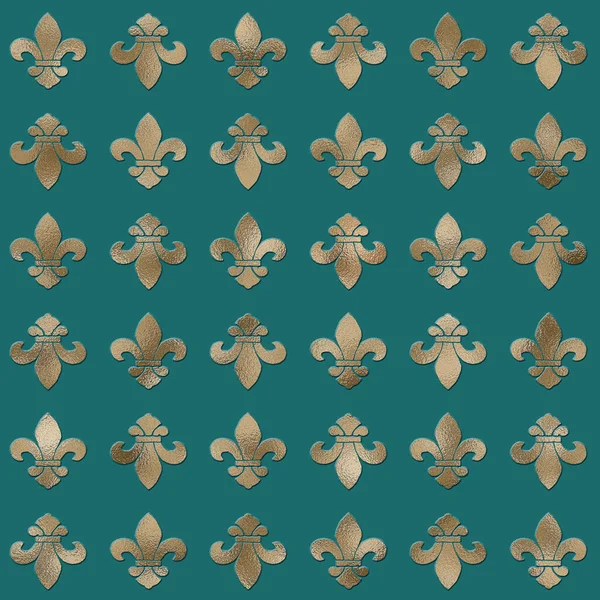 Złoty Motyw Fleur Lis Francuski Heraldyczny Bezszwowy Wzór Kwiatowy Zielonym — Zdjęcie stockowe