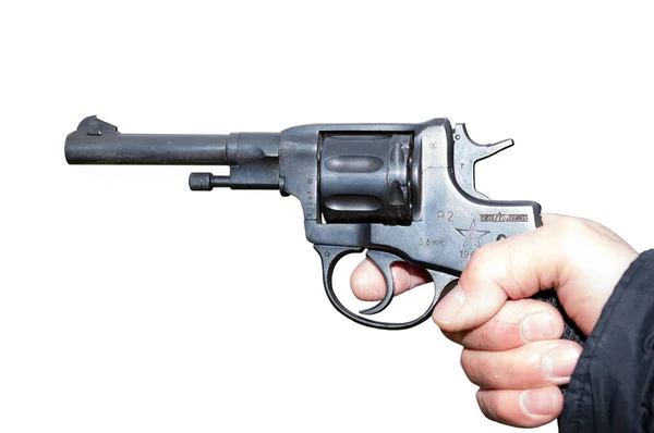 Pistolet Nagant Rewolwer Ręku Gangster Jest Izolowany Białym — Zdjęcie stockowe