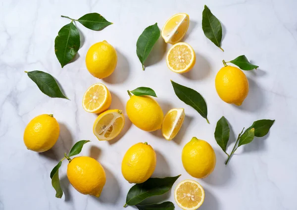 Fresh Lemons Leaves White Background Top View — Stock Photo, Image