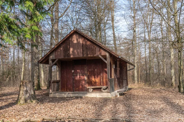 Ξύλινο Σπίτι Στέγη Κοντά Ξέφωτο Στο Δάσος — Φωτογραφία Αρχείου