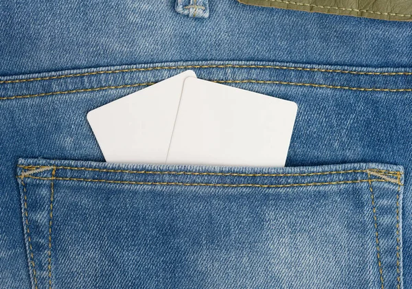 Κενή Λευκή Χάρτινη Κάρτα Είναι Στην Πίσω Τσέπη Του Μπλε — Φωτογραφία Αρχείου