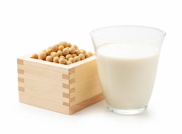 Γάλα Σόγιας Ποτήρι Και Σόγια Κουτί Masu Λευκό Φόντο — Φωτογραφία Αρχείου