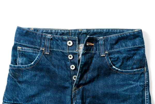 Button Fly Jeans Geplaatst Een Witte Achtergrond Uitzicht Van Bovenaf — Stockfoto