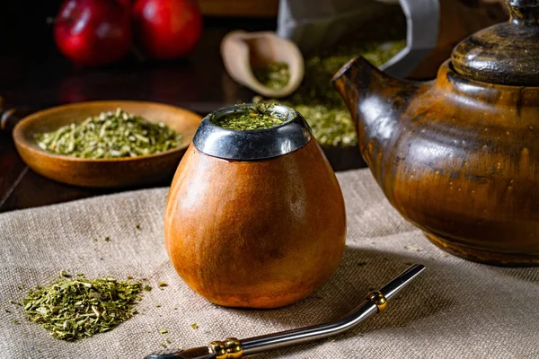 Чай Чайник Деревянном Фоне — стоковое фото