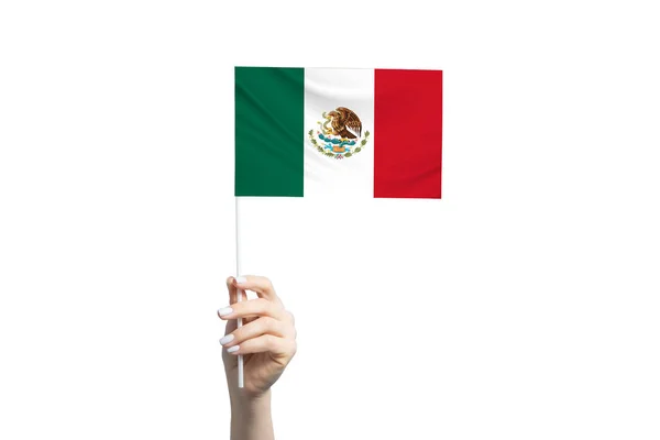 Bela Mão Feminina Segurando Bandeira México Isolada Fundo Branco — Fotografia de Stock
