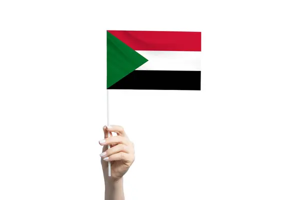 Tangan Wanita Cantik Memegang Bendera Sudan Terisolasi Dengan Latar Belakang — Stok Foto