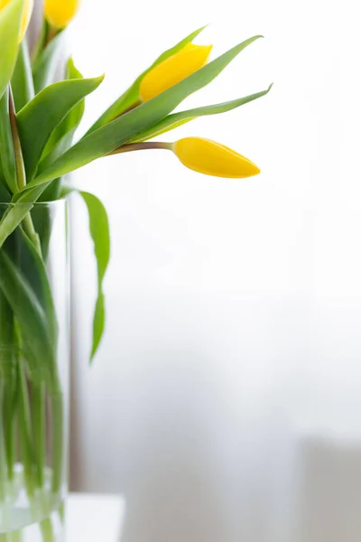 Buquê Flores Tulipa Amarela Vaso Fundo Cinza Conceito Para Cartão — Fotografia de Stock