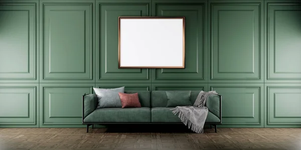 Moldura Imagem Branco Simular Sofá Verde Interior Sala Cor Verde — Fotografia de Stock