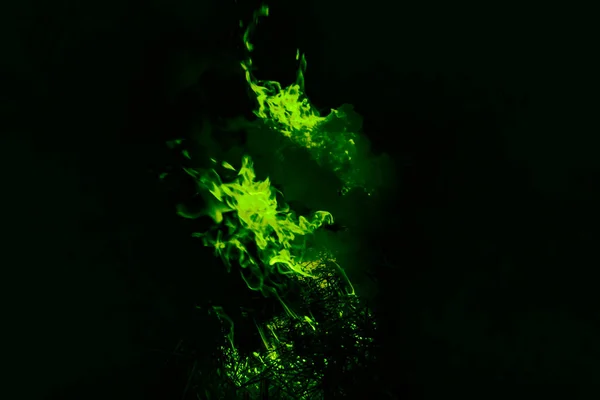 Green Flame Fire Burning Rice Straw Night — Stock Photo, Image