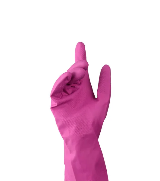 白い背景をきれいにするためにゴム製のピンクの手袋を手に — ストック写真
