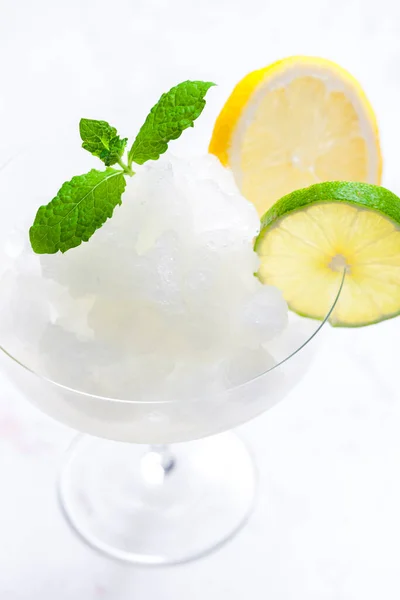 Glass Lemon Juice Ice Cream Mint White Background — Stock Photo, Image