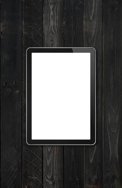 Moderno Tablet Branco Computador Mockup Fundo Mesa Madeira Preta Renderização — Fotografia de Stock