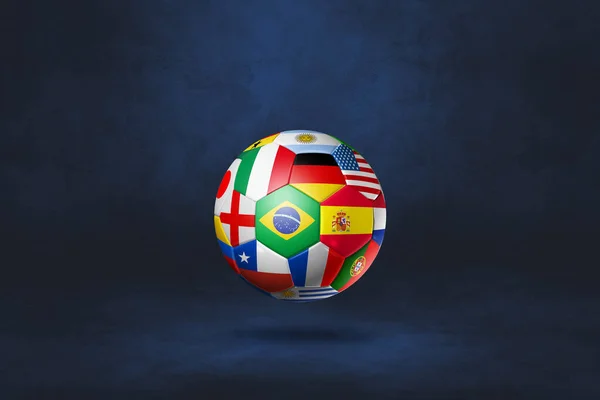 足球球 国旗隔离在深蓝色的工作室背景 3D插图 — 图库照片