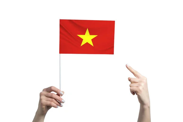 Krásná Ženská Ruka Drží Vietnamskou Vlajku Které Ukazuje Prst Své — Stock fotografie