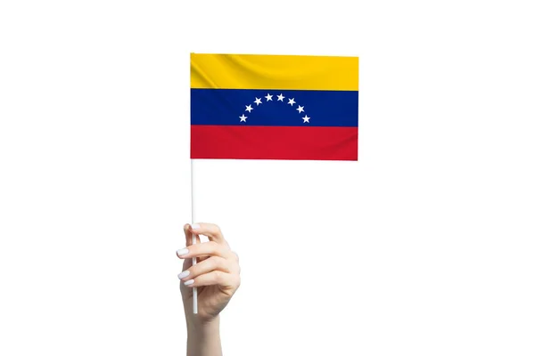 Schöne Weibliche Hand Mit Venezolanischer Flagge Isoliert Auf Weißem Hintergrund — Stockfoto