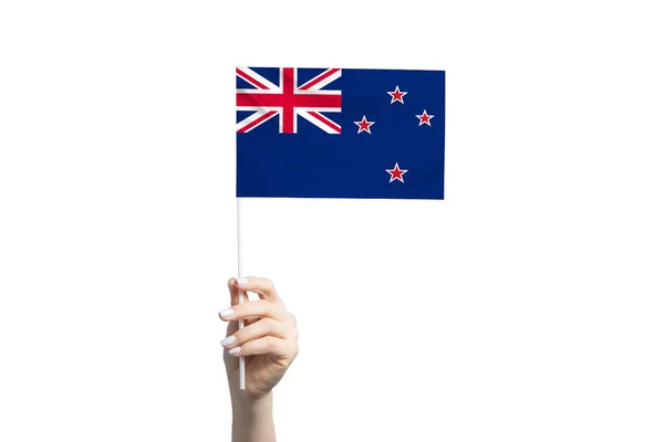 Bela Mão Feminina Segurando Bandeira Nova Zelândia Isolada Fundo Branco — Fotografia de Stock