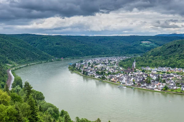 Flygfoto Över Spay Staden Vid Floden Rhen Molnigt Väder Rhine — Stockfoto