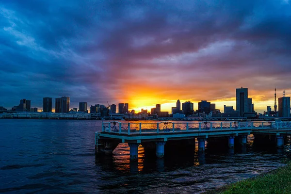 Tokyo Skyline Coucher Soleil Harumi Pier Lieu Tournage Tokyo Région — Photo