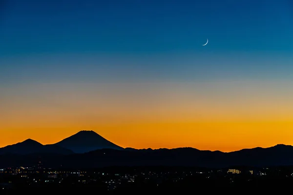 Silhouet Van Berg Fuji Halve Maan Schietplaats Tokio Tachikawa — Stockfoto
